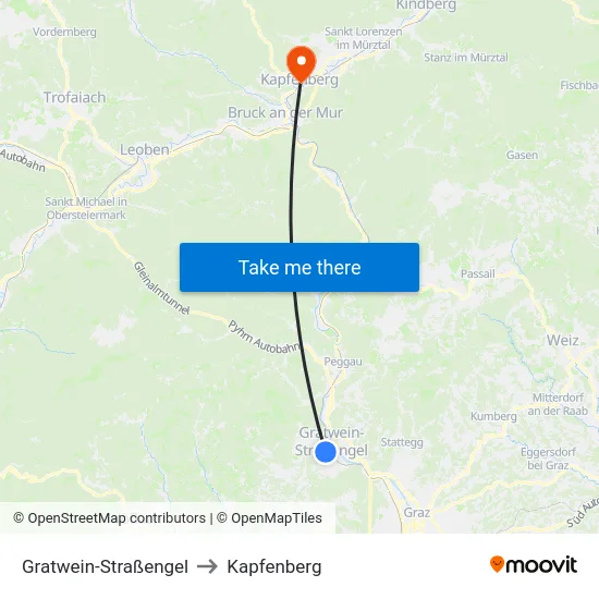 Gratwein-Straßengel to Kapfenberg map