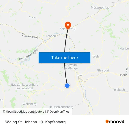 Söding-St. Johann to Kapfenberg map
