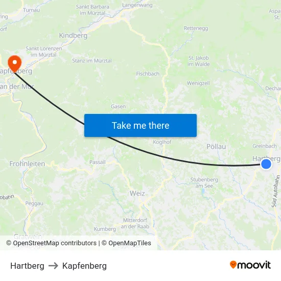 Hartberg to Kapfenberg map
