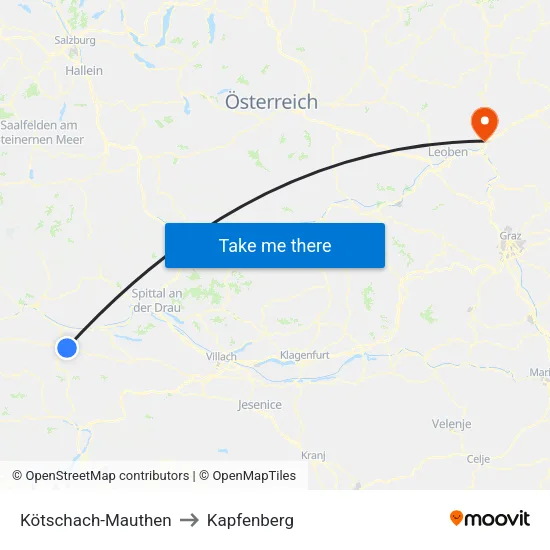Kötschach-Mauthen to Kapfenberg map