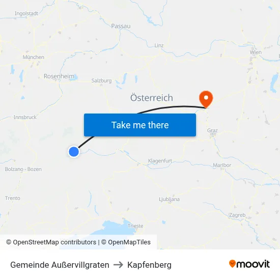 Gemeinde Außervillgraten to Kapfenberg map
