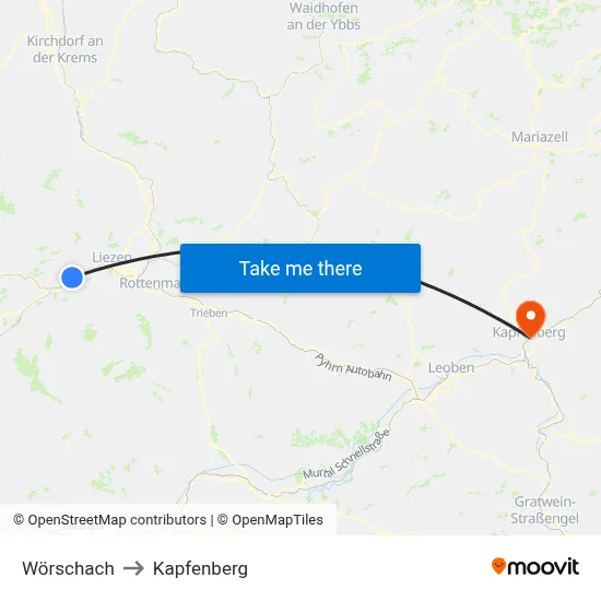Wörschach to Kapfenberg map