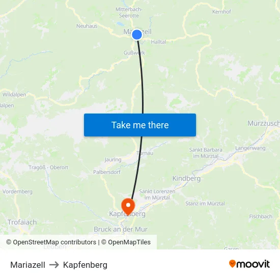 Mariazell to Kapfenberg map