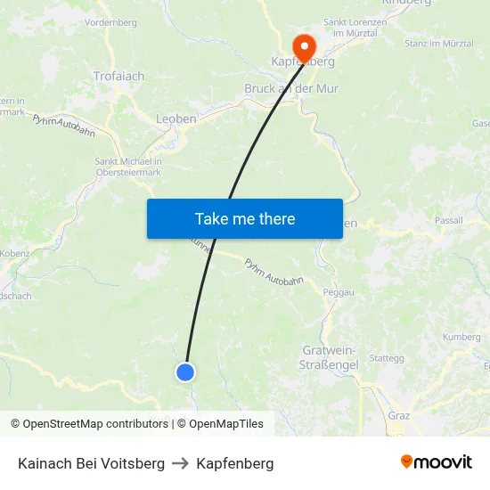 Kainach Bei Voitsberg to Kapfenberg map