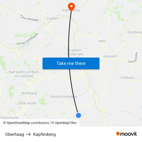Oberhaag to Kapfenberg map