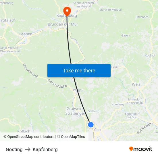 Gösting to Kapfenberg map