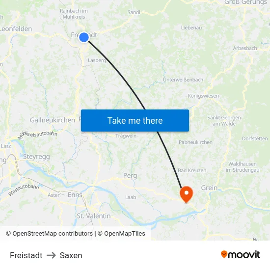 Freistadt to Saxen map