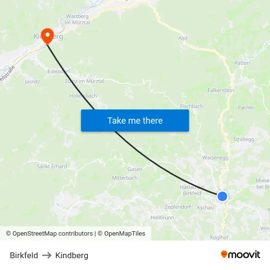 Birkfeld to Kindberg map