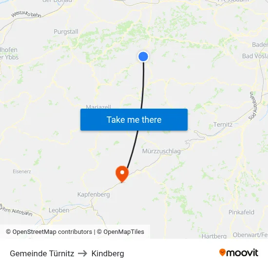 Gemeinde Türnitz to Kindberg map