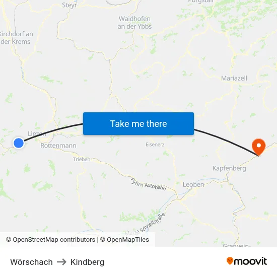 Wörschach to Kindberg map