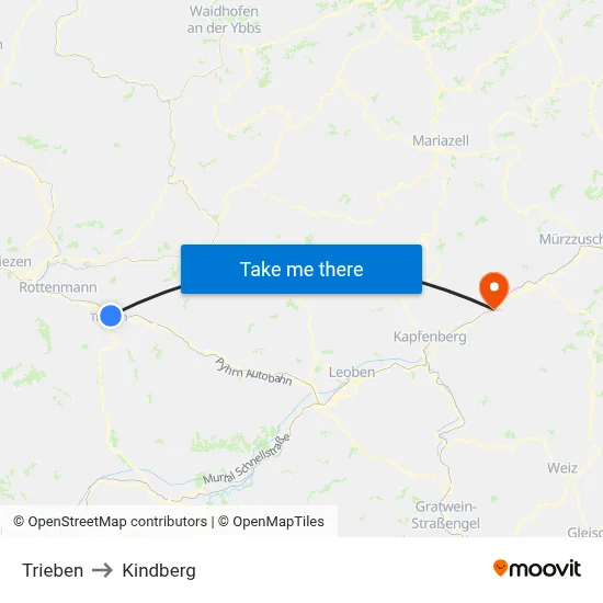 Trieben to Kindberg map