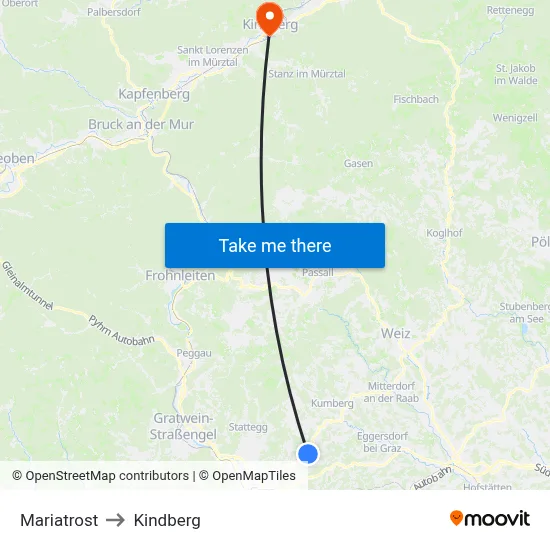 Mariatrost to Kindberg map