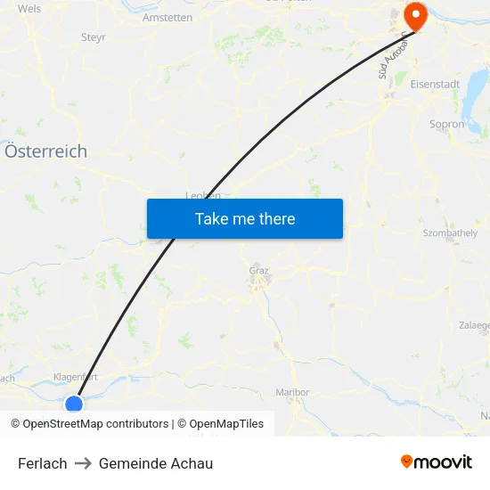 Ferlach to Gemeinde Achau map