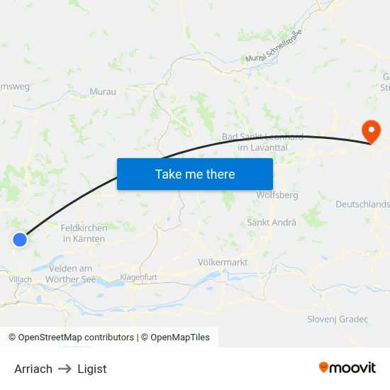 Arriach to Ligist map