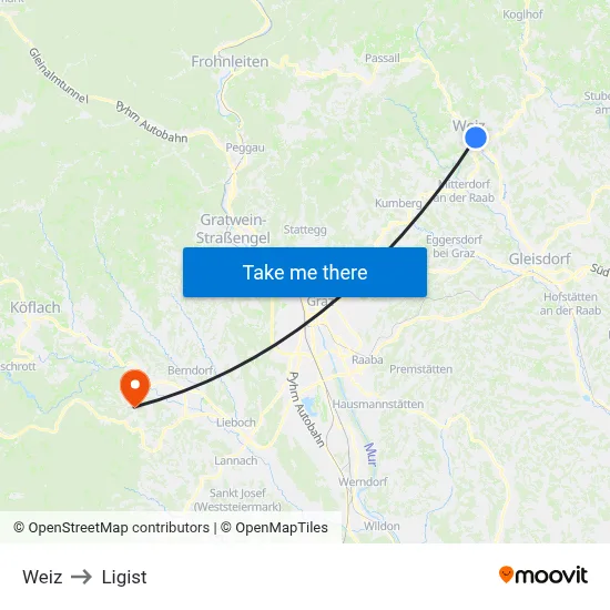 Weiz to Ligist map