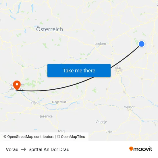 Vorau to Spittal An Der Drau map
