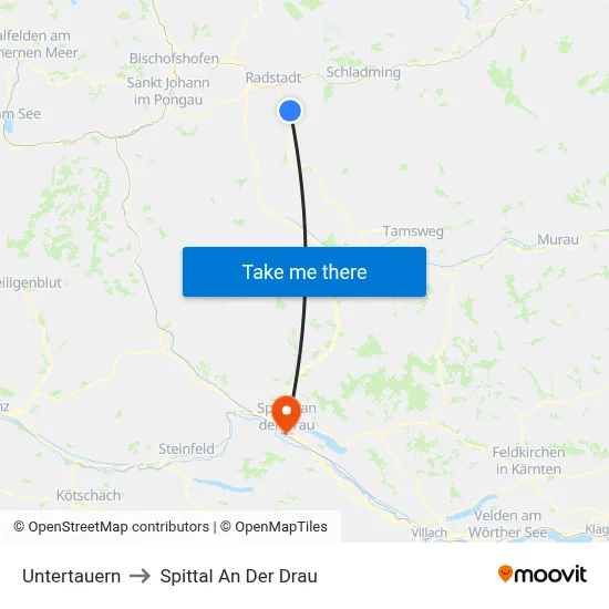 Untertauern to Spittal An Der Drau map