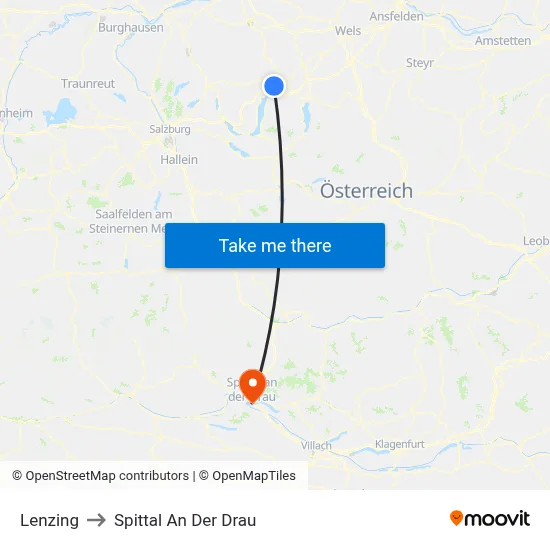 Lenzing to Spittal An Der Drau map