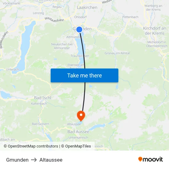 Gmunden to Altaussee map