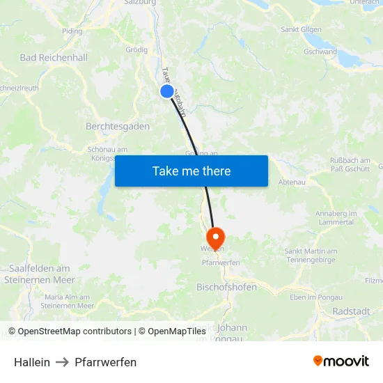Hallein to Pfarrwerfen map