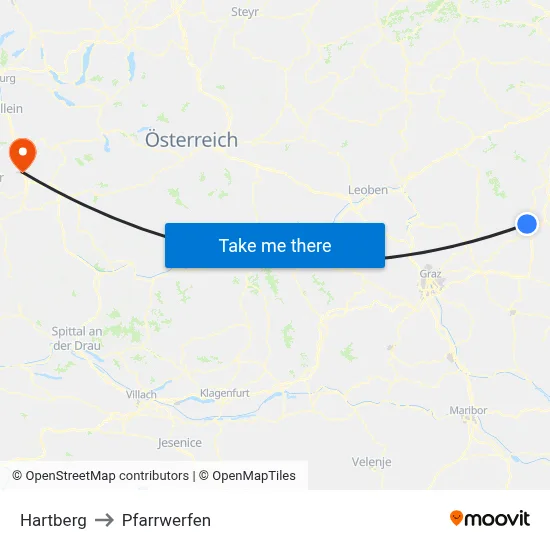 Hartberg to Pfarrwerfen map