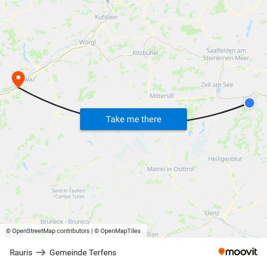 Rauris to Gemeinde Terfens map