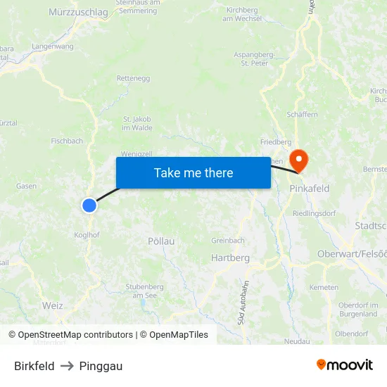 Birkfeld to Pinggau map