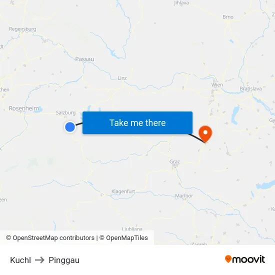 Kuchl to Pinggau map