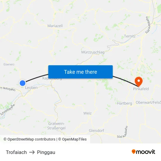 Trofaiach to Pinggau map