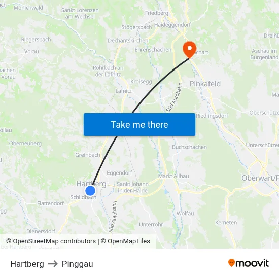 Hartberg to Pinggau map