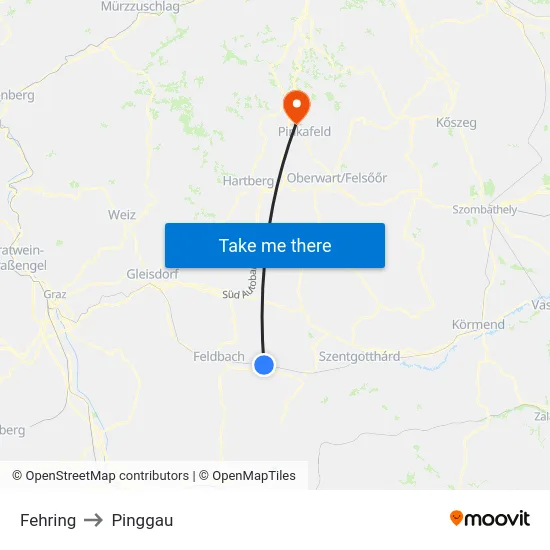 Fehring to Pinggau map
