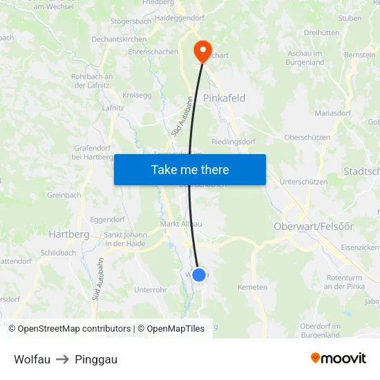 Wolfau to Pinggau map