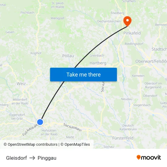 Gleisdorf to Pinggau map