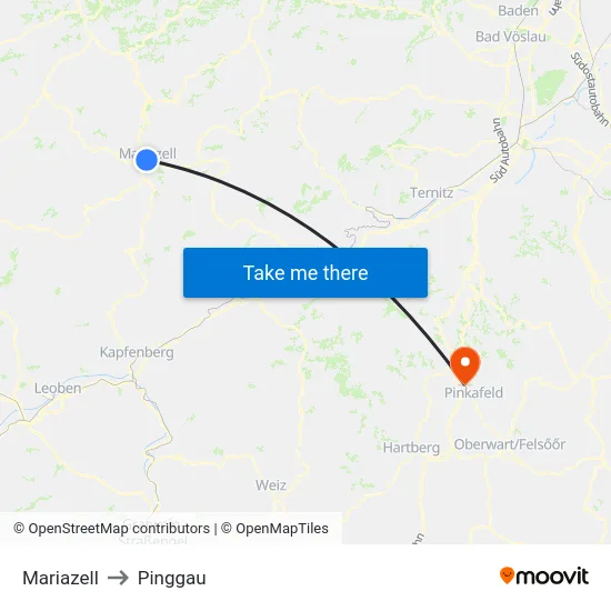 Mariazell to Pinggau map