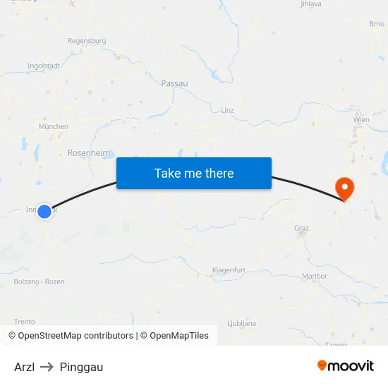 Arzl to Pinggau map