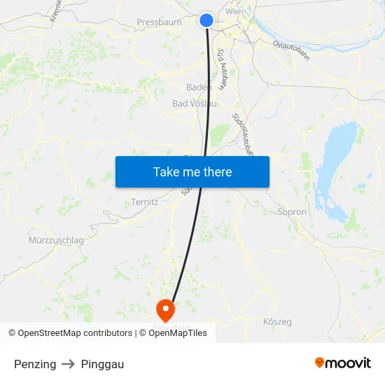 Penzing to Pinggau map