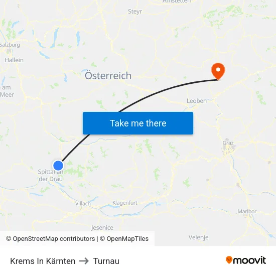 Krems In Kärnten to Turnau map