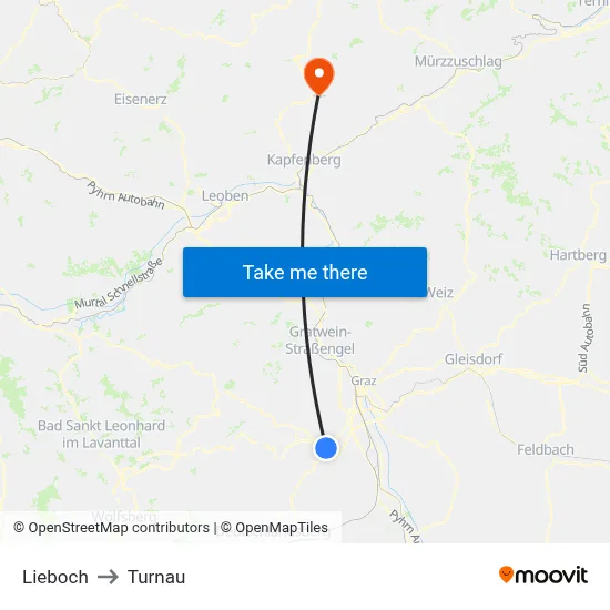 Lieboch to Turnau map