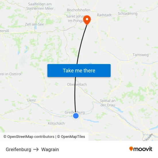Greifenburg to Wagrain map