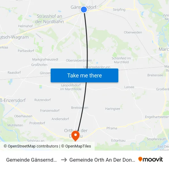 Gemeinde Gänserndorf to Gemeinde Orth An Der Donau map