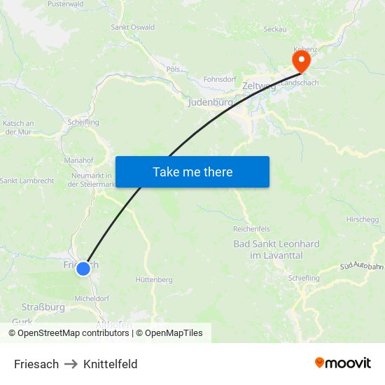 Friesach to Knittelfeld map