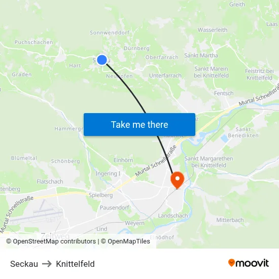 Seckau to Knittelfeld map