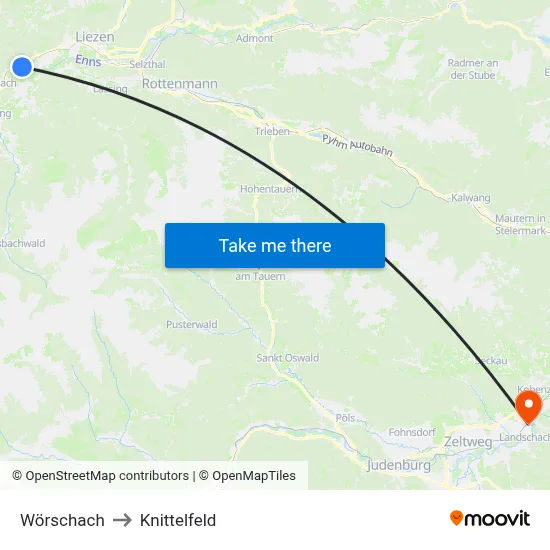 Wörschach to Knittelfeld map