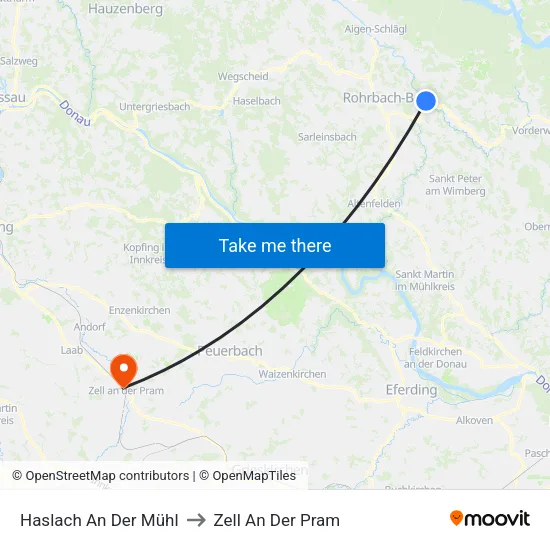 Haslach An Der Mühl to Zell An Der Pram map
