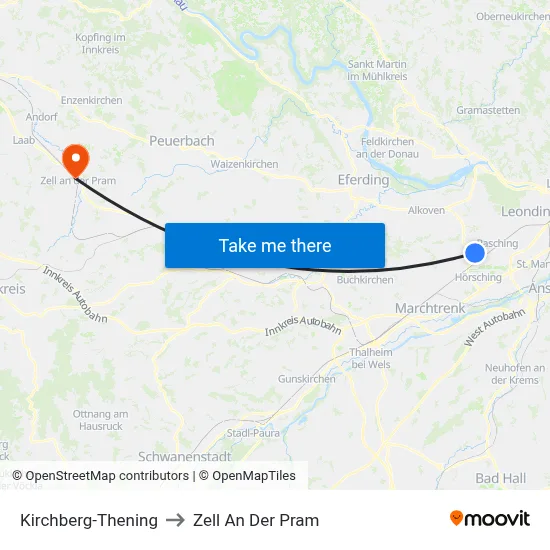 Kirchberg-Thening to Zell An Der Pram map