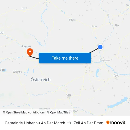 Gemeinde Hohenau An Der March to Zell An Der Pram map