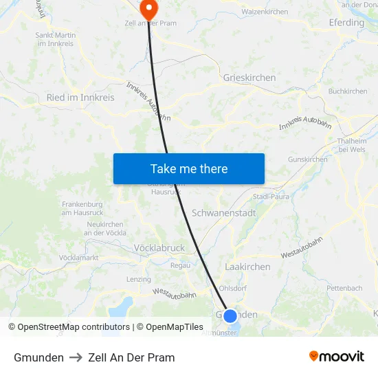 Gmunden to Zell An Der Pram map