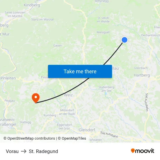 Vorau to St. Radegund map