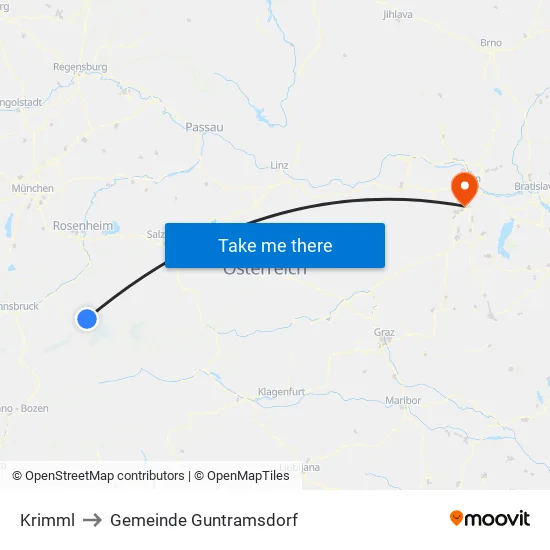 Krimml to Gemeinde Guntramsdorf map