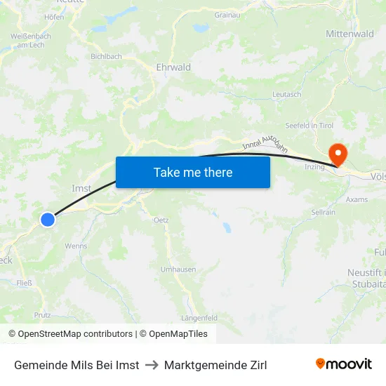 Gemeinde Mils Bei Imst to Marktgemeinde Zirl map